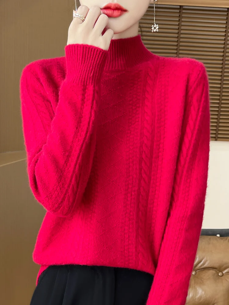 Women's Pullovers 100% Merino Wool Knitwear Contrast Color Semi-High Neck New Arrivals  Twist Flower Slim Fit Bottoming Sweater