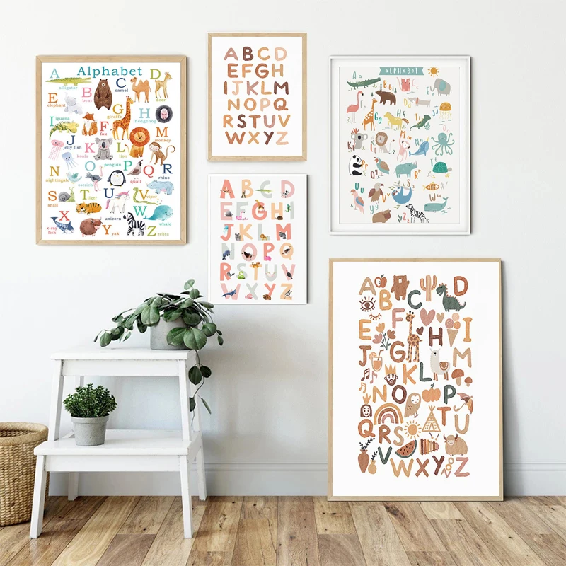 1pc frameless Canvas Painting Education ABC Letter Animal Alphabet Poster Canvas Painting Boho Wall Art Picture Print for Kids R