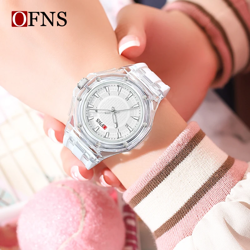 OFNS-1608 Relógio de pulso de quartzo feminino, luminoso, impermeável, rosa, simples relógio, casual, esportivo, estudantes, meninas, moda