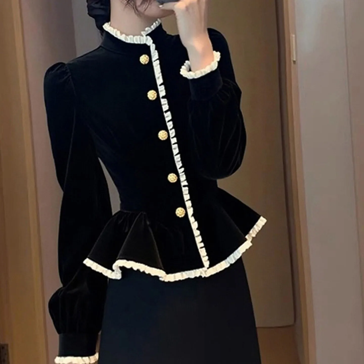 

Y2K Women's Velvet Peplum Top 2026New Ruffle Trim High Neck Puff Sleeve Shirt Gold Button Slim Fit Elegant Blouse Office Commute