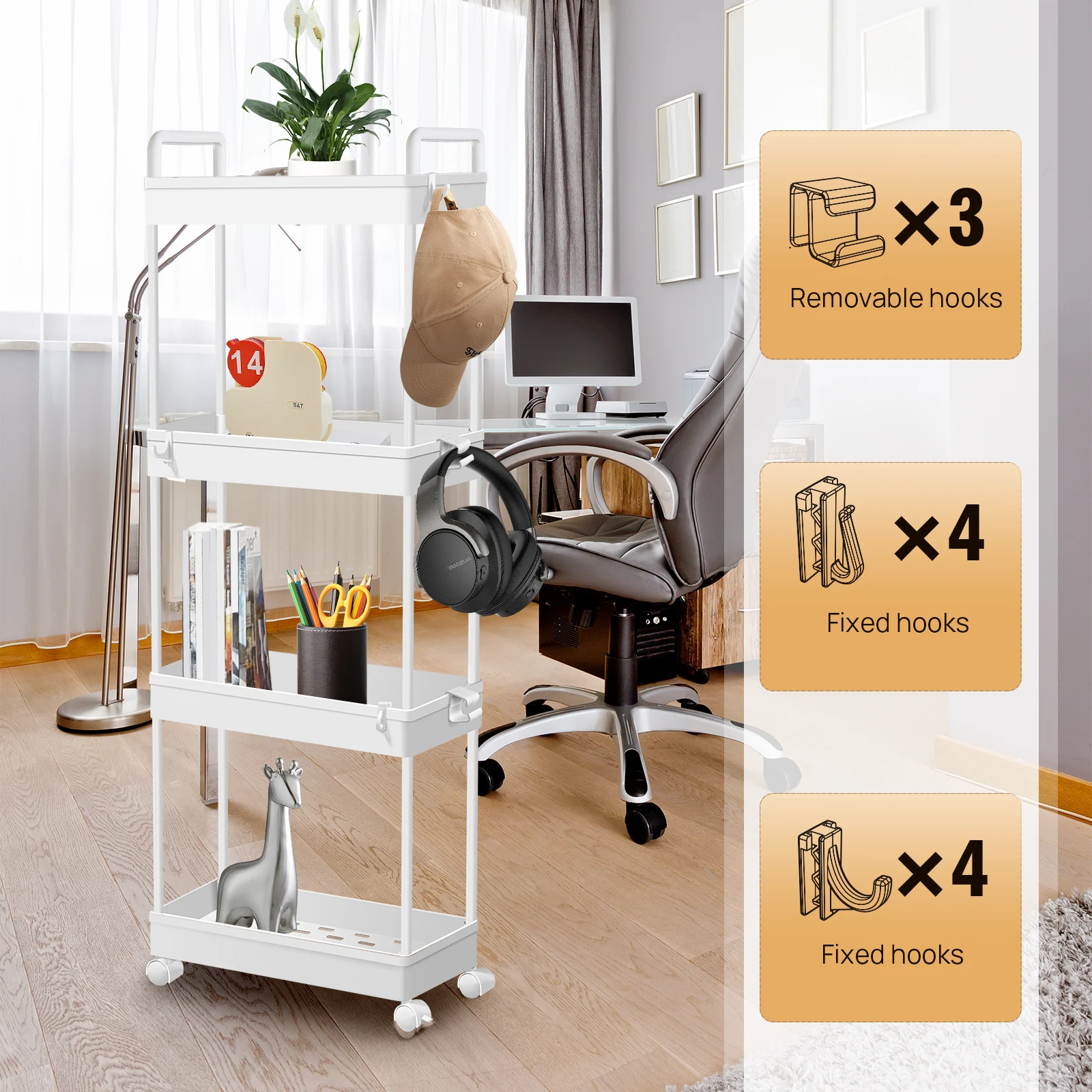 4-stöckiger Aufbewahrungswagen mit Ausziehfunktion, Rollwagen, mobiler Organizer, Make-up-Regal mit Rollen für Küche, Bad, Waschküche, Schlafzimmer, schmale Räume, einfache Montage, weiß