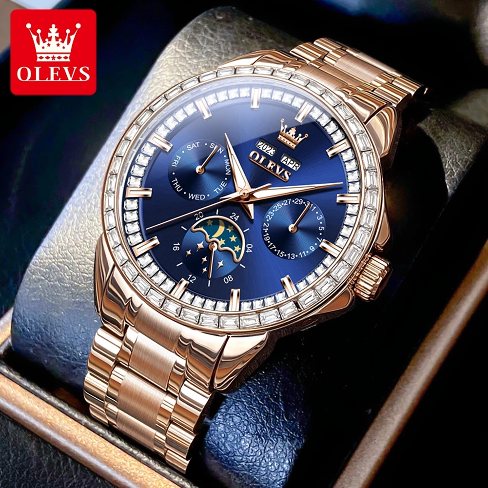 OLEVS 6695 Mens Watch Original Classic Fashion Three Small Dial Automatic Mechanical Watch  Moon Phase Watches For Men Reloj