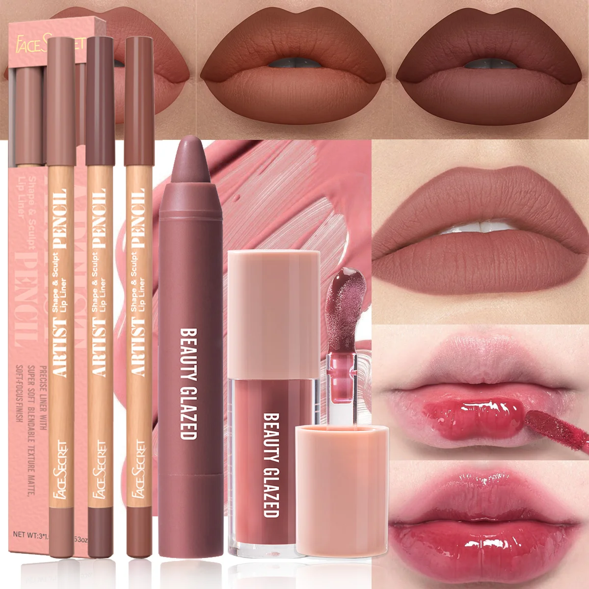 5 pezzi/set di matite per labbra in velluto opaco (confezione da 3) + rossetto + smalto per labbra nudo impermeabile a lunga durata, altamente saturo, aspetto quotidiano