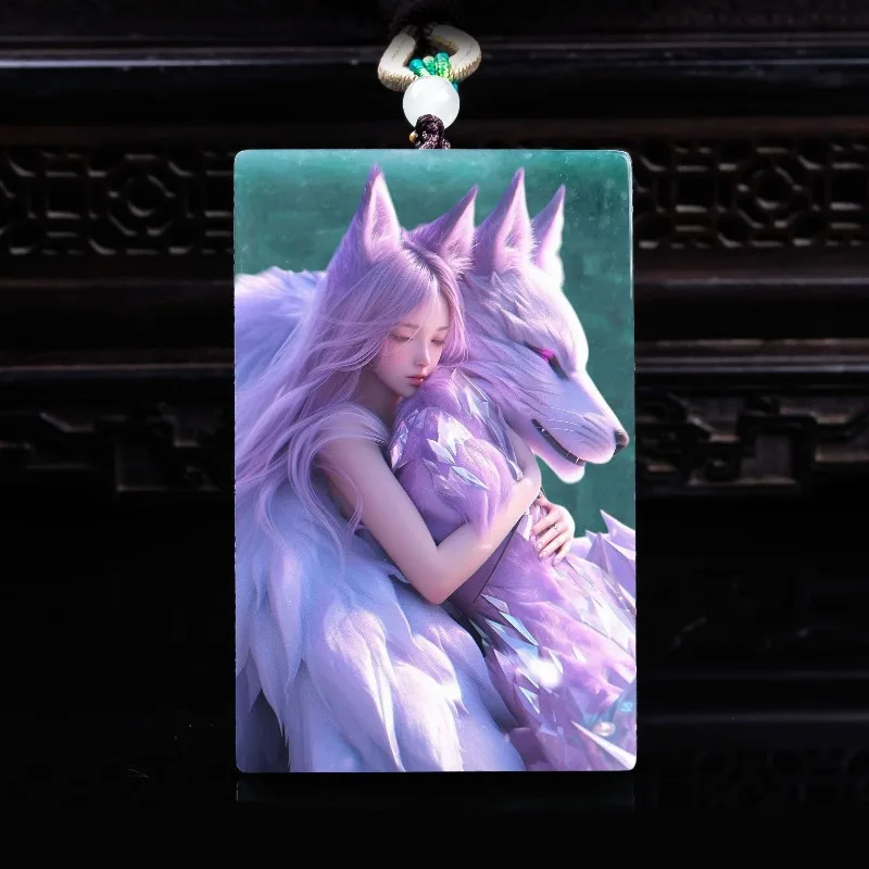Natural A-grade jade Nine Tailed Fox Fairy exquisite ultra clear spray painted high ice jade pendant Magnetic field protection
