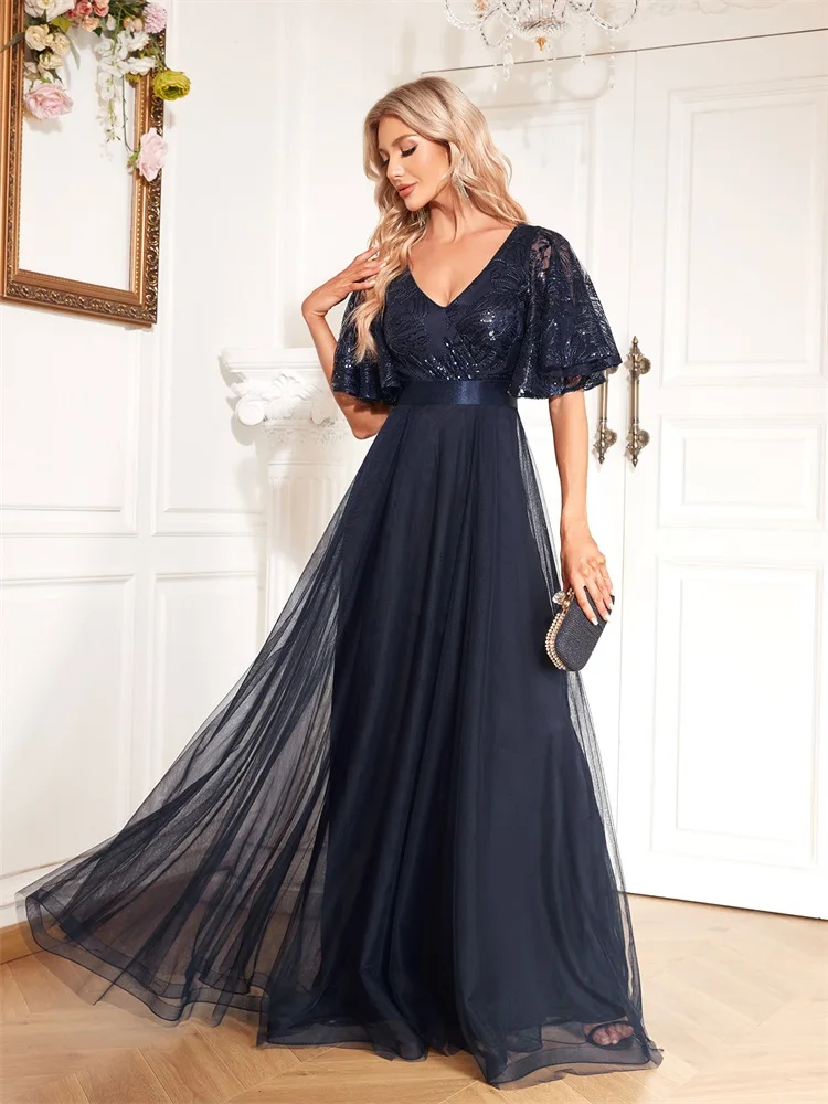 Lucyinlove-Robe de Soirée à Paillettes pour Femme, Col en V, Manches Courtes, Bleu, Élégante, Longueur au Sol, Bal, Cocktail, Luxe, Neuf