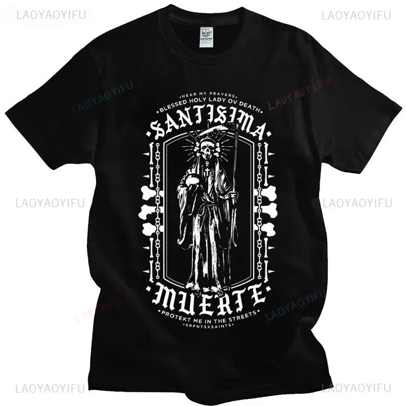 Classic Gothic Santa Muerte Tshirt Men Lady of Holy Death Shirt Mexican Skull Cotton Short Sleeve Streetwear Hip Hop Tee-Shirts