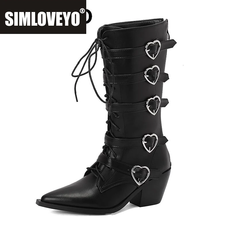 

SIMLOVEYO модные женские ботинки с острым носком на блочном каблуке 6,5 см на молнии со шнуровкой и пряжкой ремня 44 45 46 Show Bota
