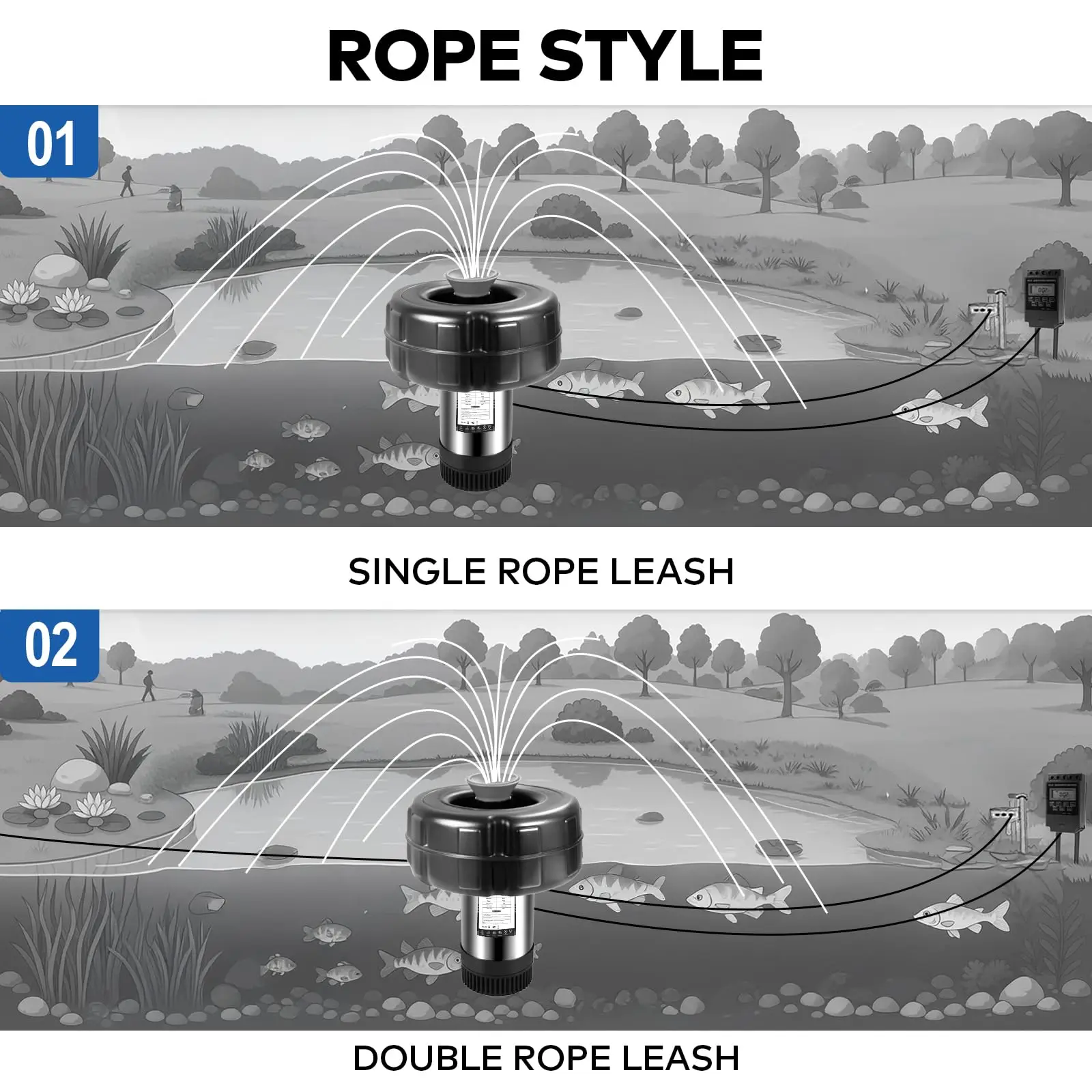 مهوية نافورة وعائمة أوتوماتيكية بالكامل 110 فولت، 750 وات (1 حصان) للبرك والبحيرات الخارجية الكبيرة والصغيرة