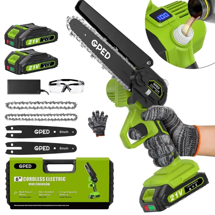 GPED Mini Chainsaw Cordless 6 inch with 2 Battery, Mini Power Chain Saw  Security Lock Electric Chainsaw Handheld Small Chainsaw