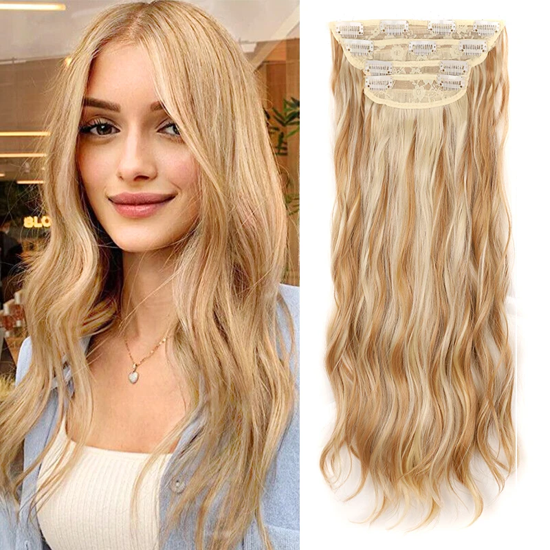 

4pcs/set Long Wavy Clip in Hair Extensions Synthetic Wavy Clip in Hair Extension for Women 24inch Blonde Fibre Thick Hairpieces