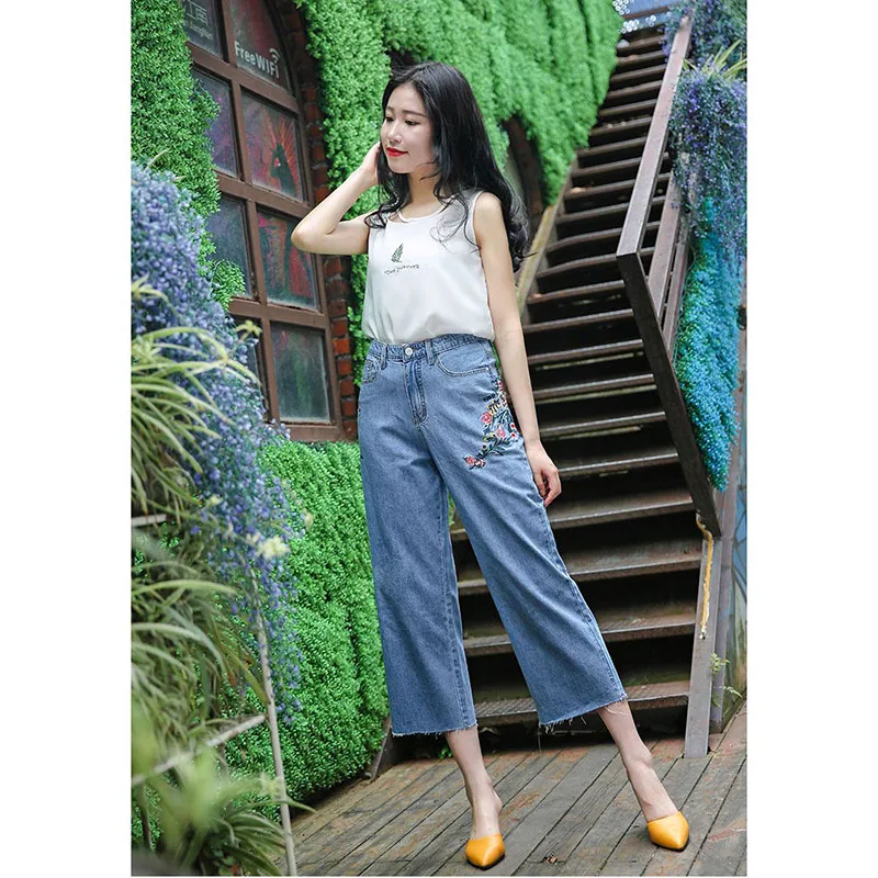 Pocket Jeans Ladies Spring Autumn Slim Embroidery Loose Embroidery Wide Legs Straight Tube Light Color Leisure Comfortable Pants