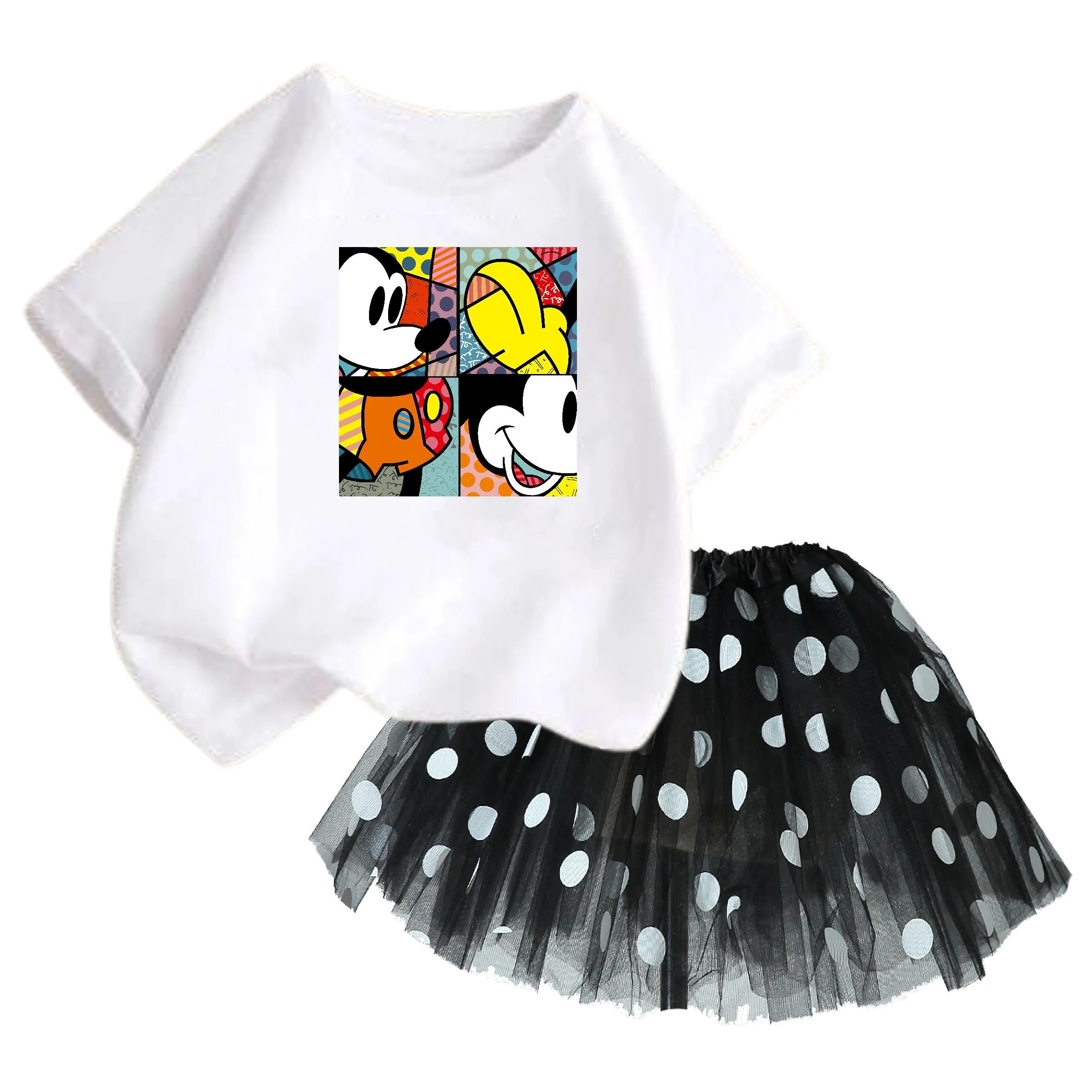 Summer Girls Disney Short Sleeve Top + Gauze Skirt Set Cartoon Cute Girls Princess Skirt Set Casual Set Girls Pompadour Skirt