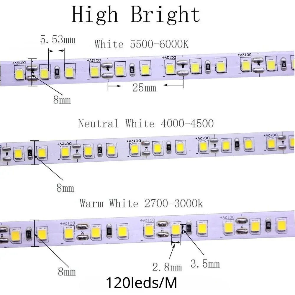 Fita de luzes led, smd 2835, 240leds/m, 5m, 300/600/1200 leds, 12v, alto brilho, flexível, fita de luz, branco quente/frio