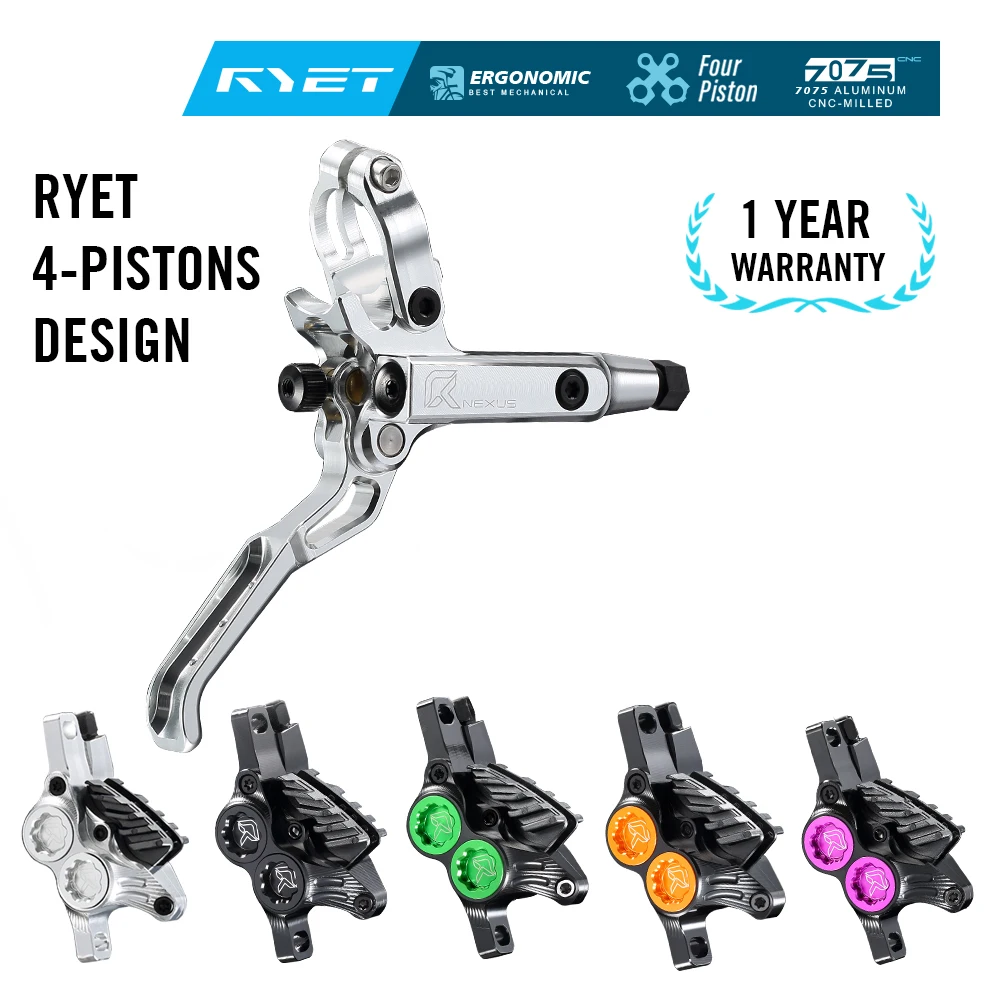 RYET Hydraulic Disc Brake Set 4-Piston For MTB AM DH E-MTB CNC 7075-T6 Caliper 840/1550mm Hose Mineral Oil System