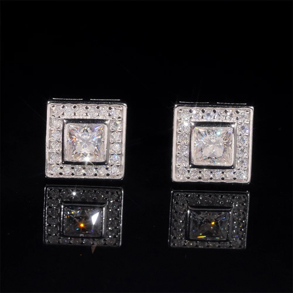 

925 Sterling Silver Square Moissanite Screwback Earrings White Gold Plated Bling Diamond Ear Studs Hiphop Jewelry Pass Tester