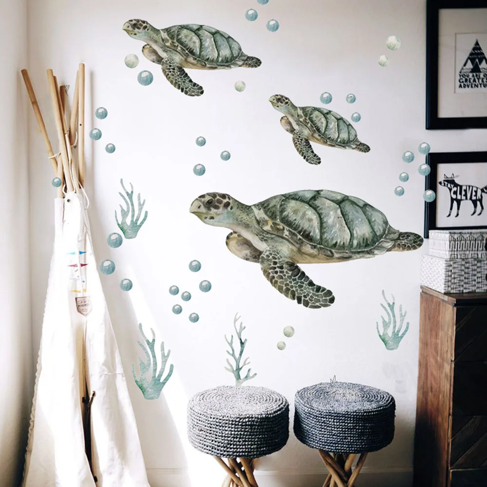 Turtles and Bubbles Ocean Wall Stickers Bahtroom Seaweed Sealife Animal Wall Decals Bedroom Kitchen Home Decor
