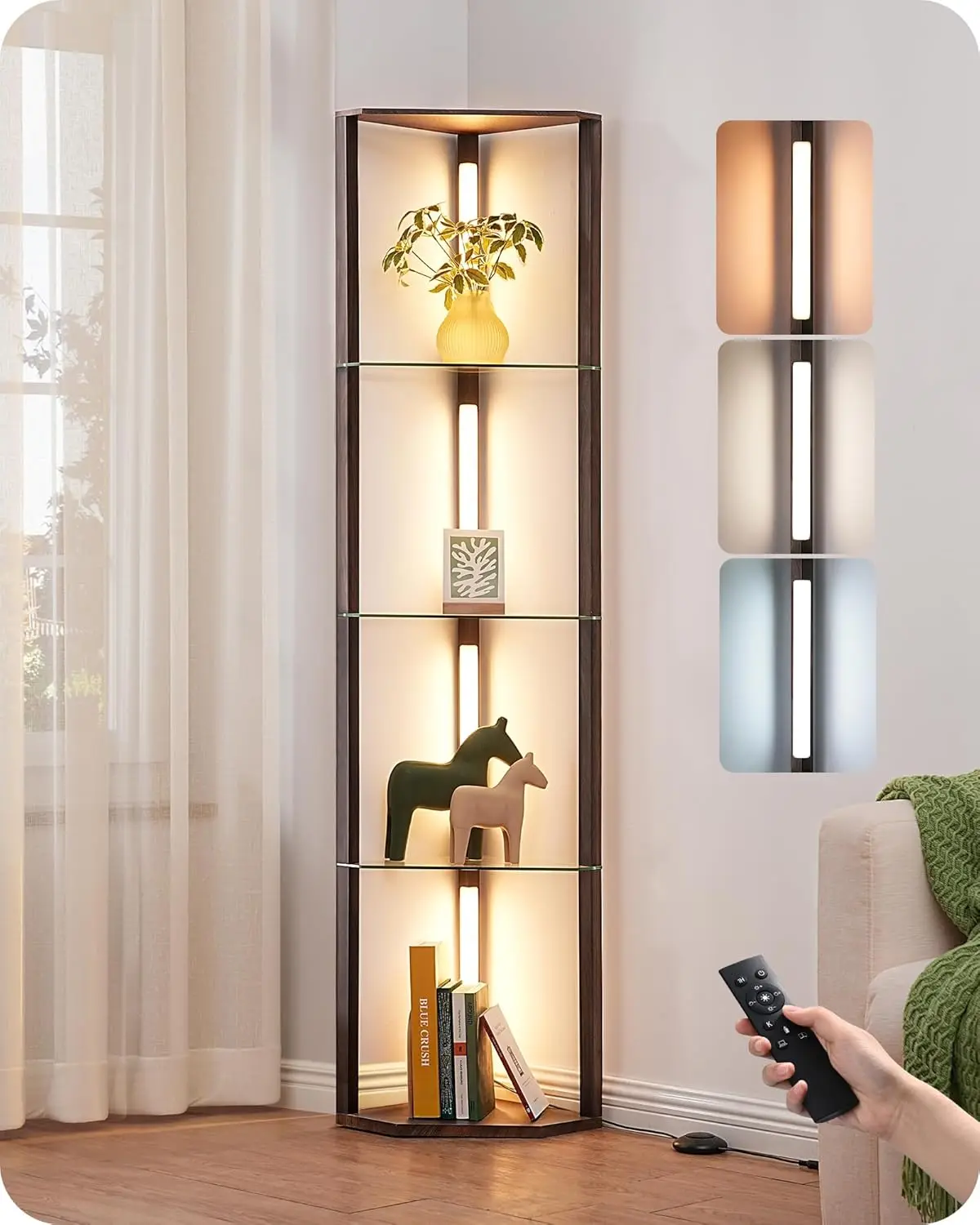 

5-Tier Glass Shelf Floor Lamp with Remote, Dimmable Corner Light for Living Room Bedroom in Walnut