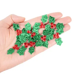 100pcs Glitter Fabric Red Berry Green Holly Leaves Appliques Christmas Decorations for Home Table Decoration Scrapbook DIY Craft