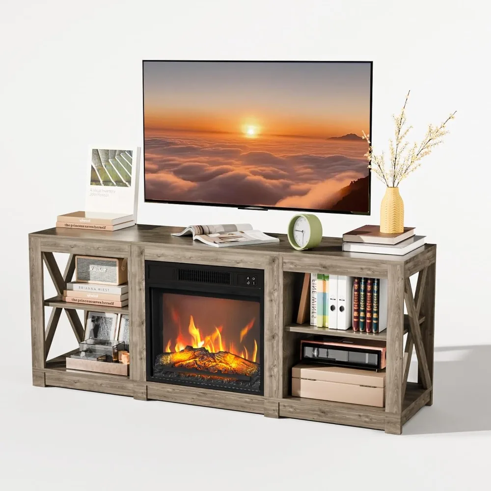 Fireplace TV Stand for TVs up to 70'', Farmhouse Fireplace Entertainment Center with Adjustable Shelves, Media Entertainm Center