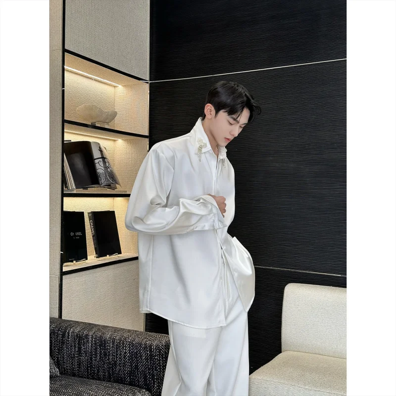 

iny Satin Men's Long Sve irt Spring Autumn New Sle Pearl Chain Design Casual Collar Trendy Loose Fit Polyester Fiber