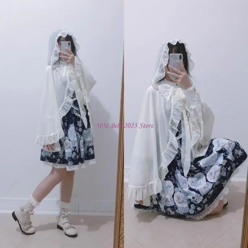49ME Tie Up Bowknot Thin Shawl Hooded Shoulder Wrap Women Girl Anime Cloak