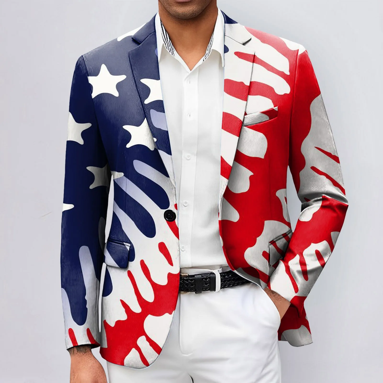 Mens Independence Day 3d Digital Printed Suit Jacket Light Business Suit Jacket Lapel Long Sleeve Silm Fit Fashion Blazer