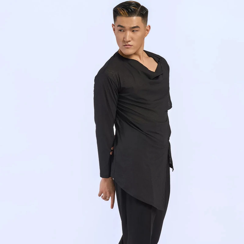 Long Sleeved Swing Collar Irregularly Loose Shirts Latin Dance Tops For Men Rumba Chacha Practice Clothes Latin Wear DQS24638