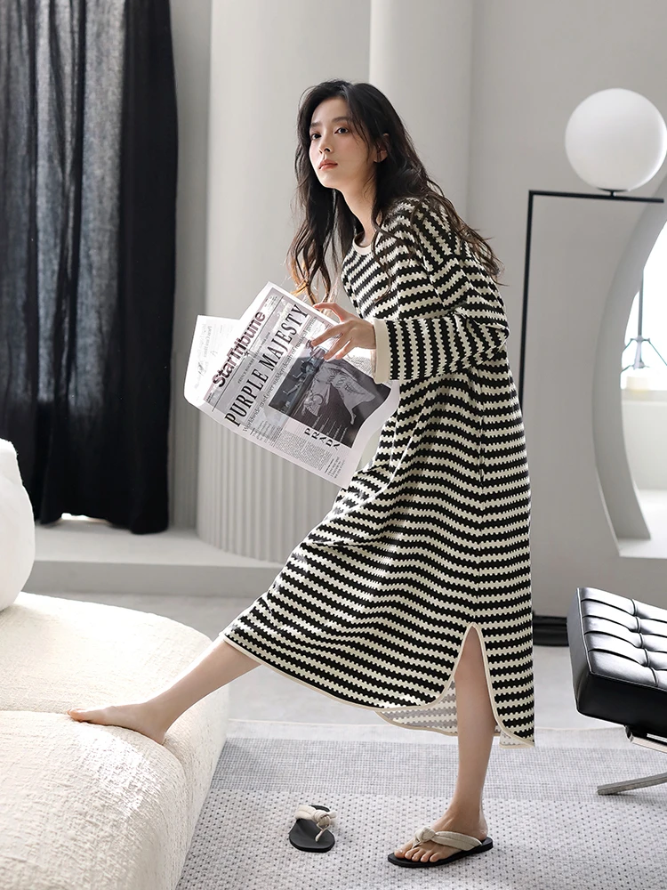 Nightdress Women's Black and White Striped Cotton Simple round Neck Spring and Autumn Long Sleeve Dress Loose Casual Fashionable