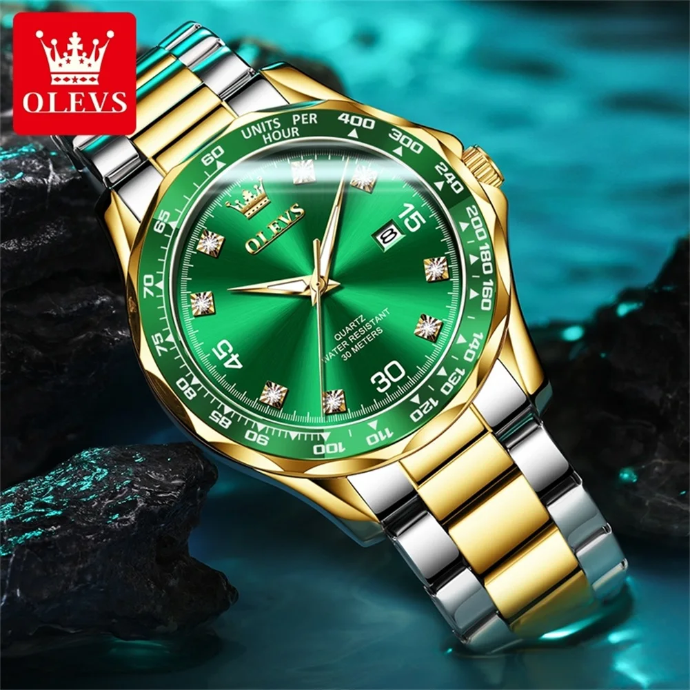 OLEVS Golden Green Quartz Watch for Men Luxury Brand Diving Waterproof Stainless steel Rubber Strap Men's Watches Original 9988