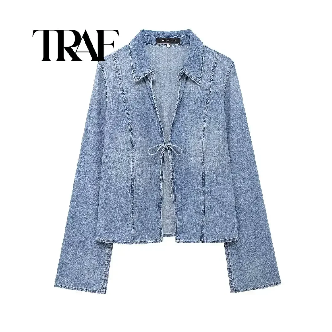 TRAF Fashion Blue Denim Lace Up Blouse For Women Summer Casual V-neck Long Sleeve Shirts Elegant Lady Street Chic Tops