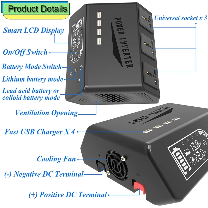 Imagem -05 - Tomadas do Inversor da Onda Senoidal Pura com Tela Táctil do Usb Bateria de Lítio Conversor de Tensão da Bateria Acidificada ao Chumbo Transformador 12v 2000w