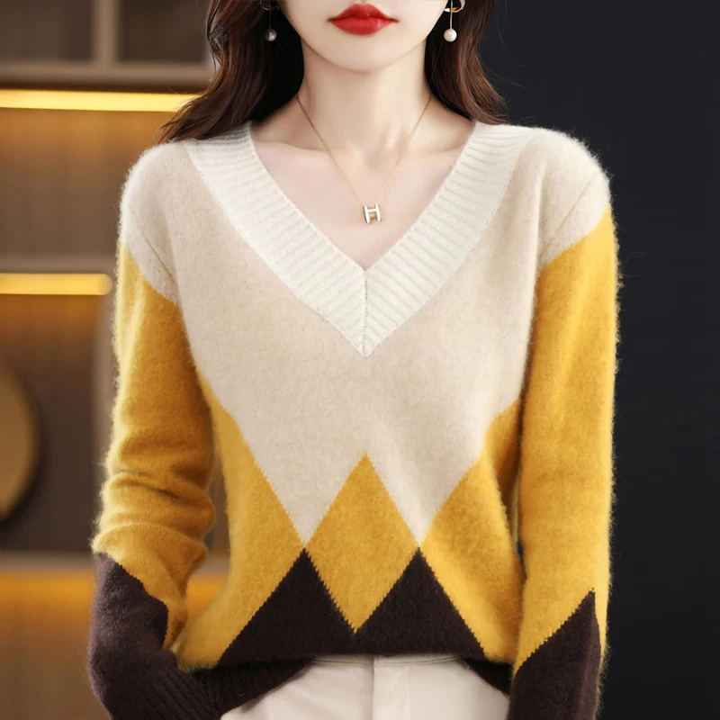 LONGMING Merino Wool Pullovers Women Sweater Cashmere Knitwears Sweater V-neck Knit Jumper Tops Clothes Korean Fashion Streewear