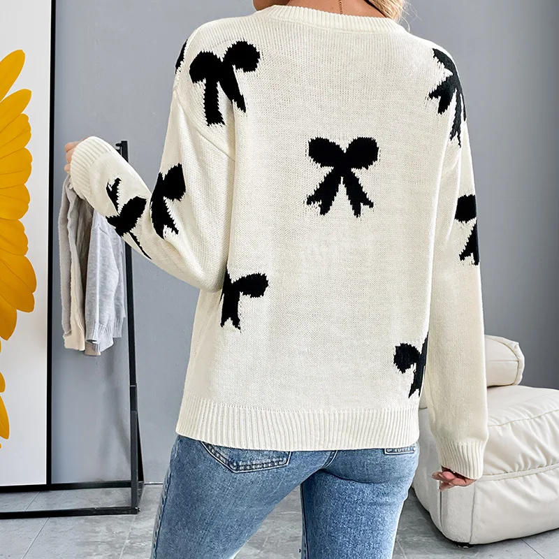 Autumn Winter 2025 Women Pullovers Sweaters Tops Round Neck Full Sleeve Jumpers Y2k Streetwear Elegant Splice Knit Print Work