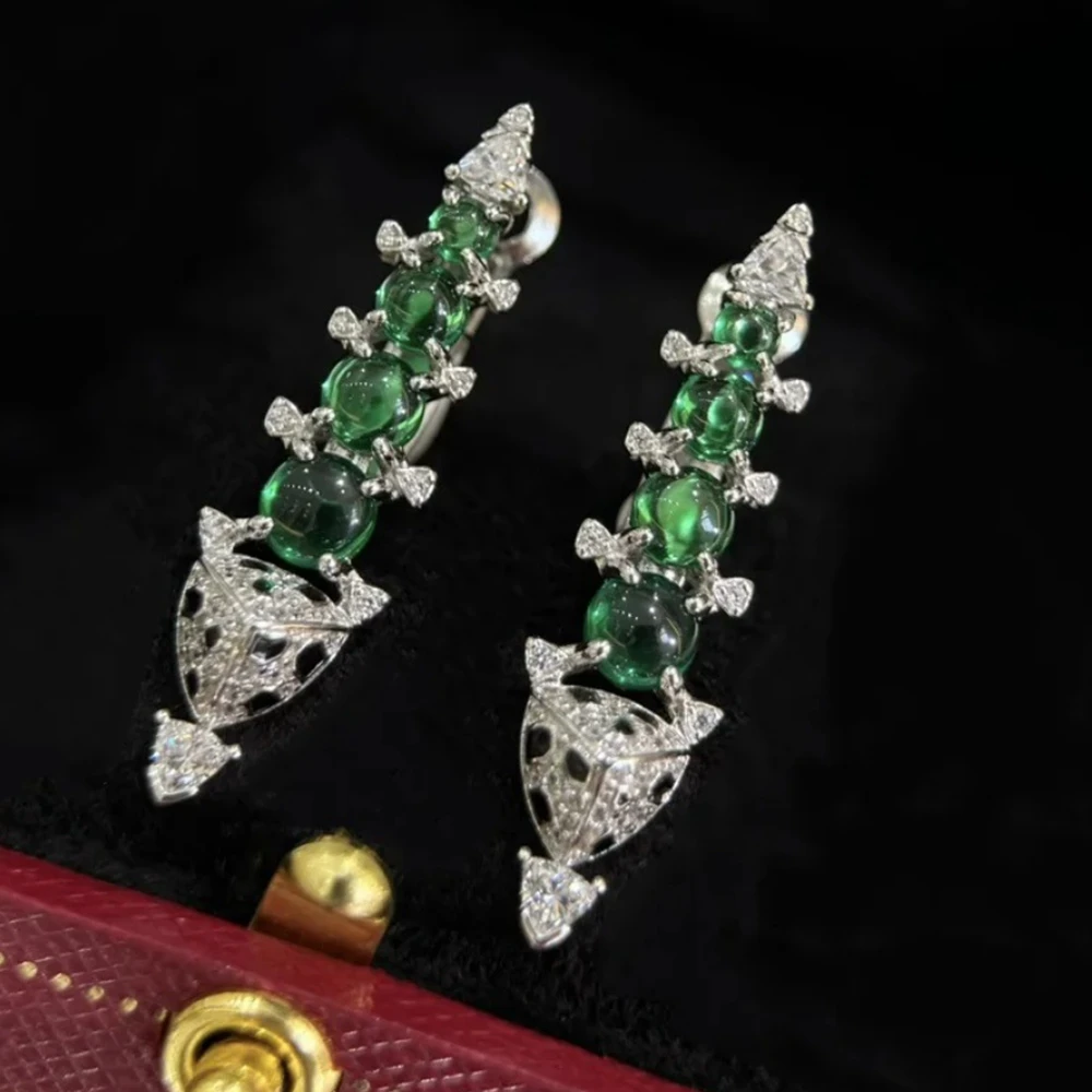 925 Sterling Silver Emerald Green GemStone Panther Black Spot Leopard Style Long Drop Earrings Luxury Designer Jewelry For Women