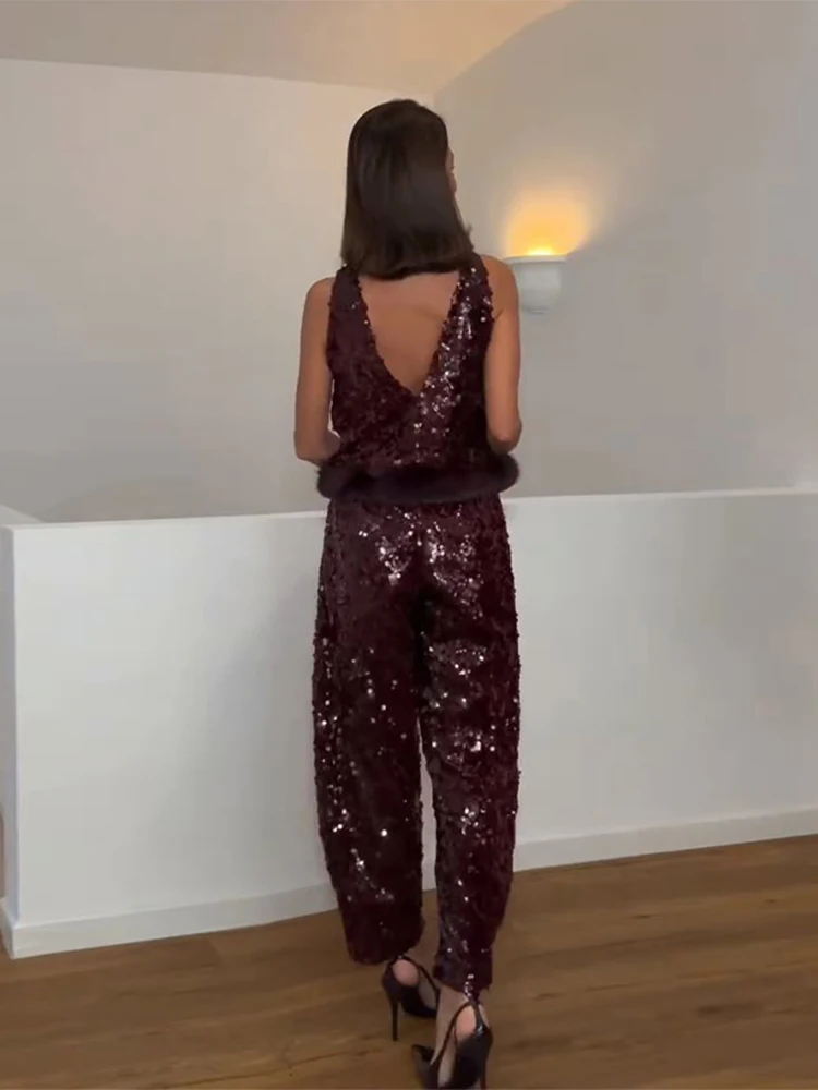 Women Sequin Pant Sets Faux Fur Patchwork O-neck Sleeveless Backless Vest Wide Leg Pant Suit 2026 Lady New Commute Street Outfit