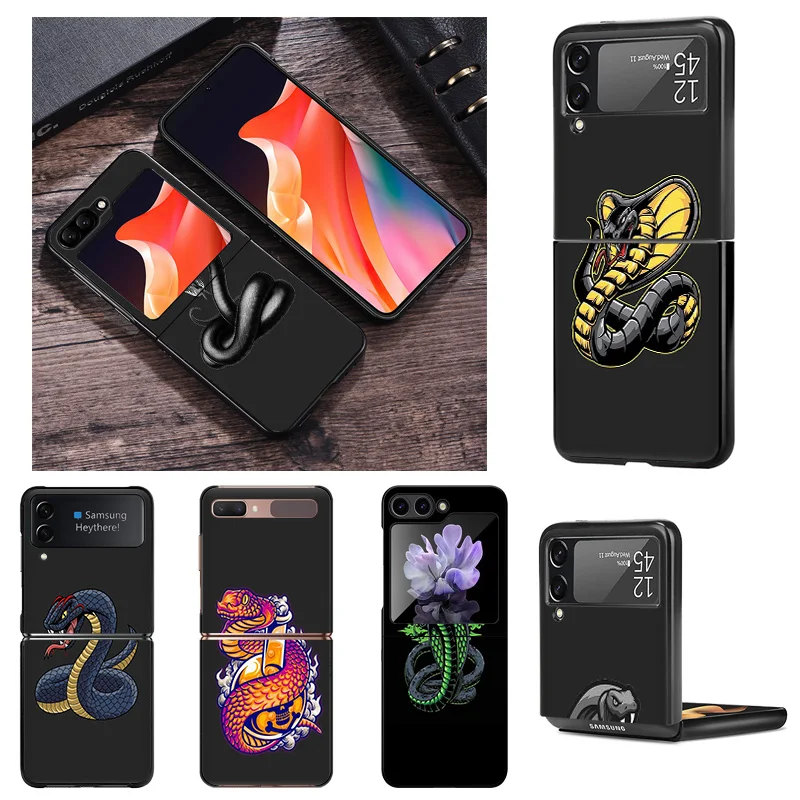 Anti-Drop Black Hard Phone Case For Samsung Galaxy Z Flip6 Flip5 5G Flip4 Flip3 zflip 6 5 4 Snake Cobra Python Shell Cover Funda