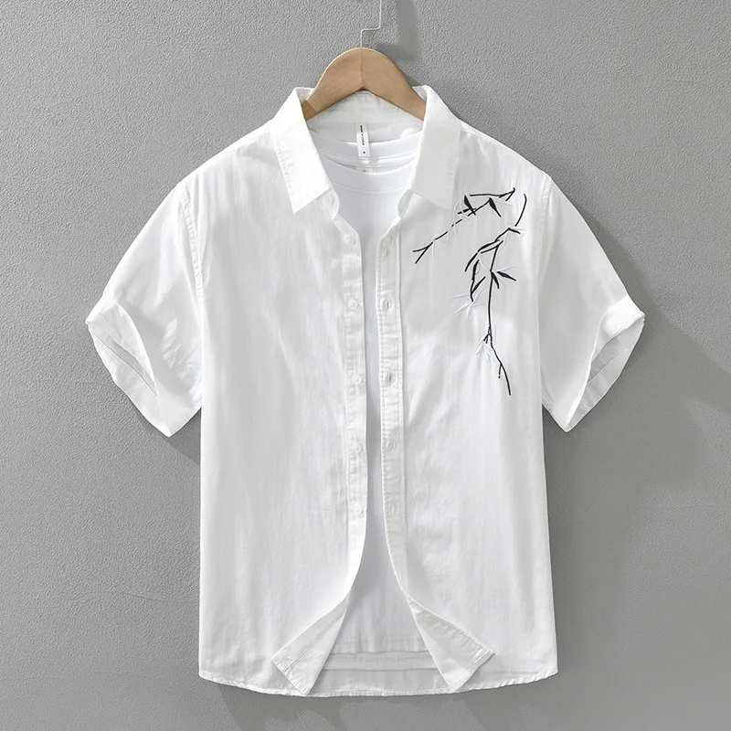 

Men's clothing, Japanese embroidery, fresh short sleeved shirt, fashionable and versatile, artistic and casual loose top