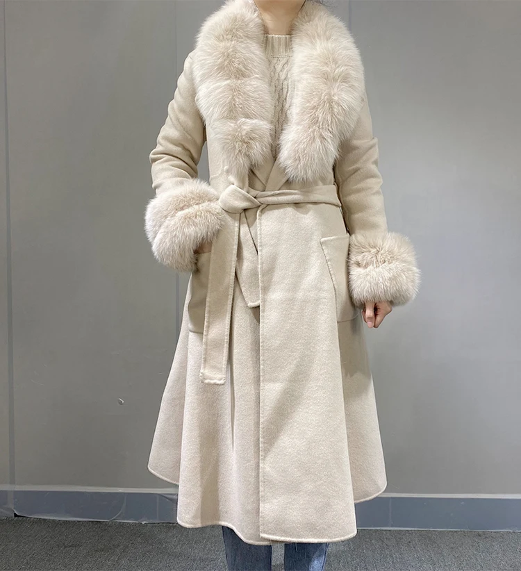 

2023 Woolen fur,Autumn Winter New Women's Cashmere Wool Blend Fur Coat Elegant Lady Warm Double-sided Woolen Real Fox Fur Colla