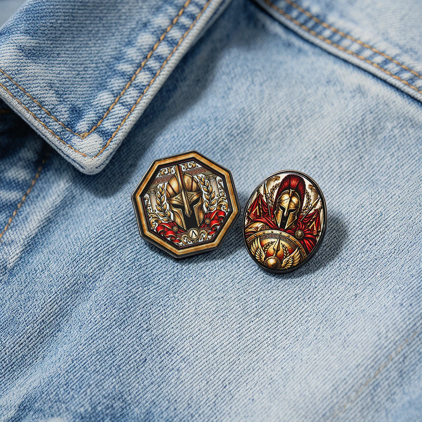 2Pcs Vintage Spartan Helmet Enamel Pins, Classic Warrior Irregular Metal Badges for Backpack Jacket Decor