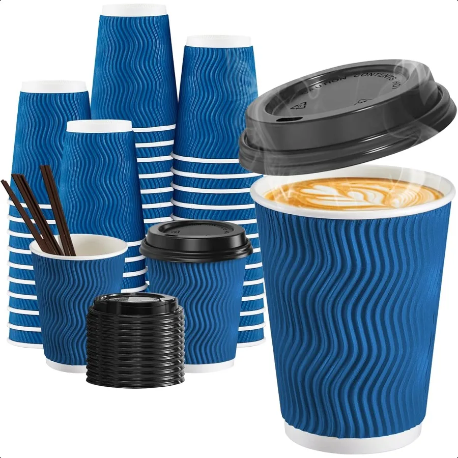 

90 Pack 12 oz Coffee Cups with Lids and Straws Insulated Ripple Wall To Go Paper Coffee Cups for Coffee Hot Chocolate and Hot