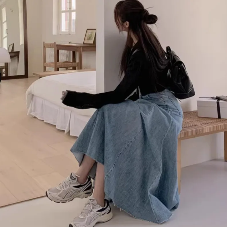 Chic Water Washed Denim Fish Tail Half Skirt Women's Early Autumn High Waist Slimming Draped Mid-Length A-Line Skirt