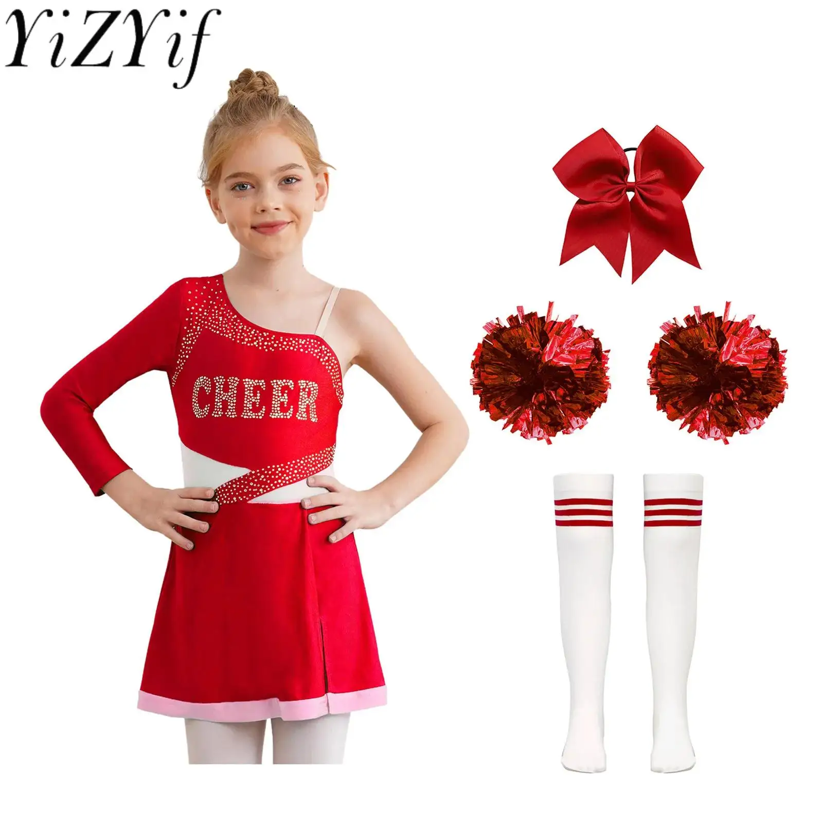 

Cheer Leader Dance Performance Dress Sets Stylish Dress with Hair Tie Hand Flowers And Striped Knee High Tube Socks Cheering Set
