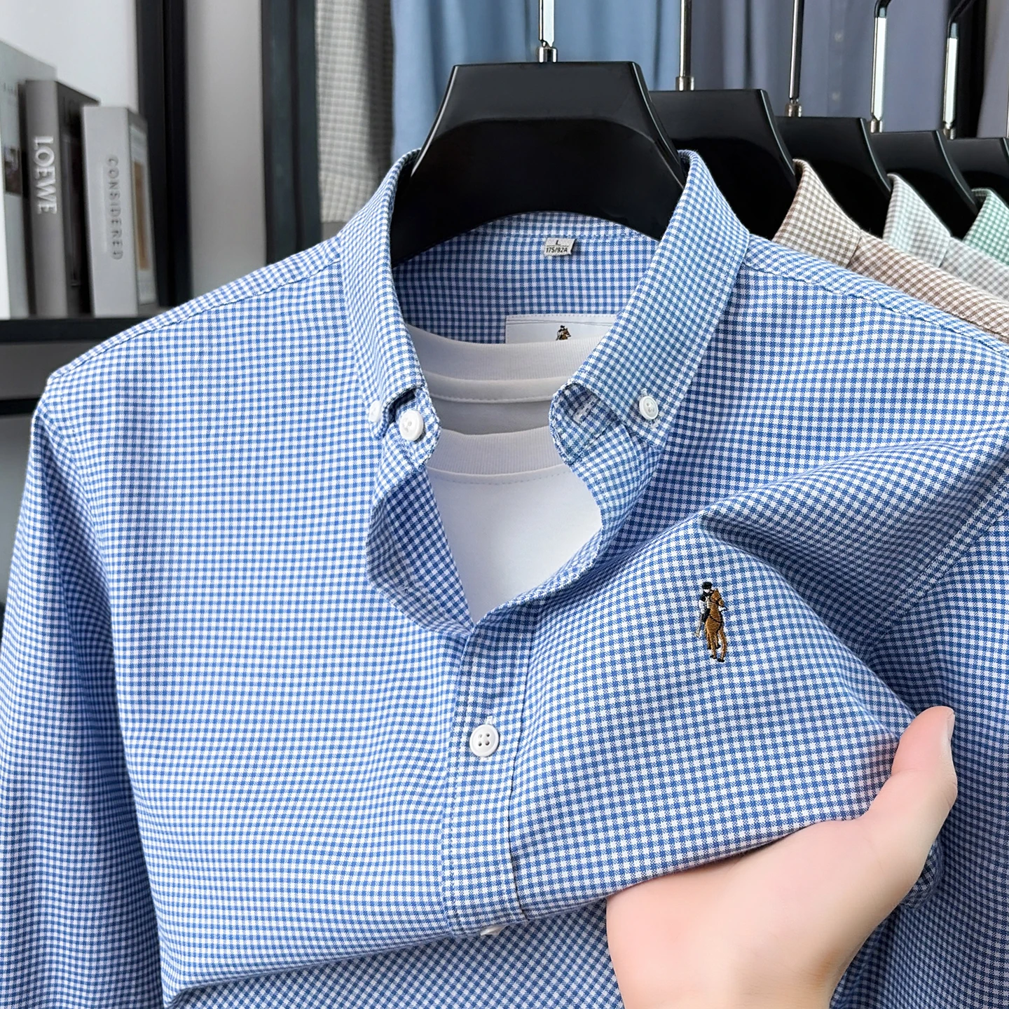 High end Brand 100% cotton long sleeve shirt men's fashion checkered new luxury pony embroidery casual comfort autumn golf top