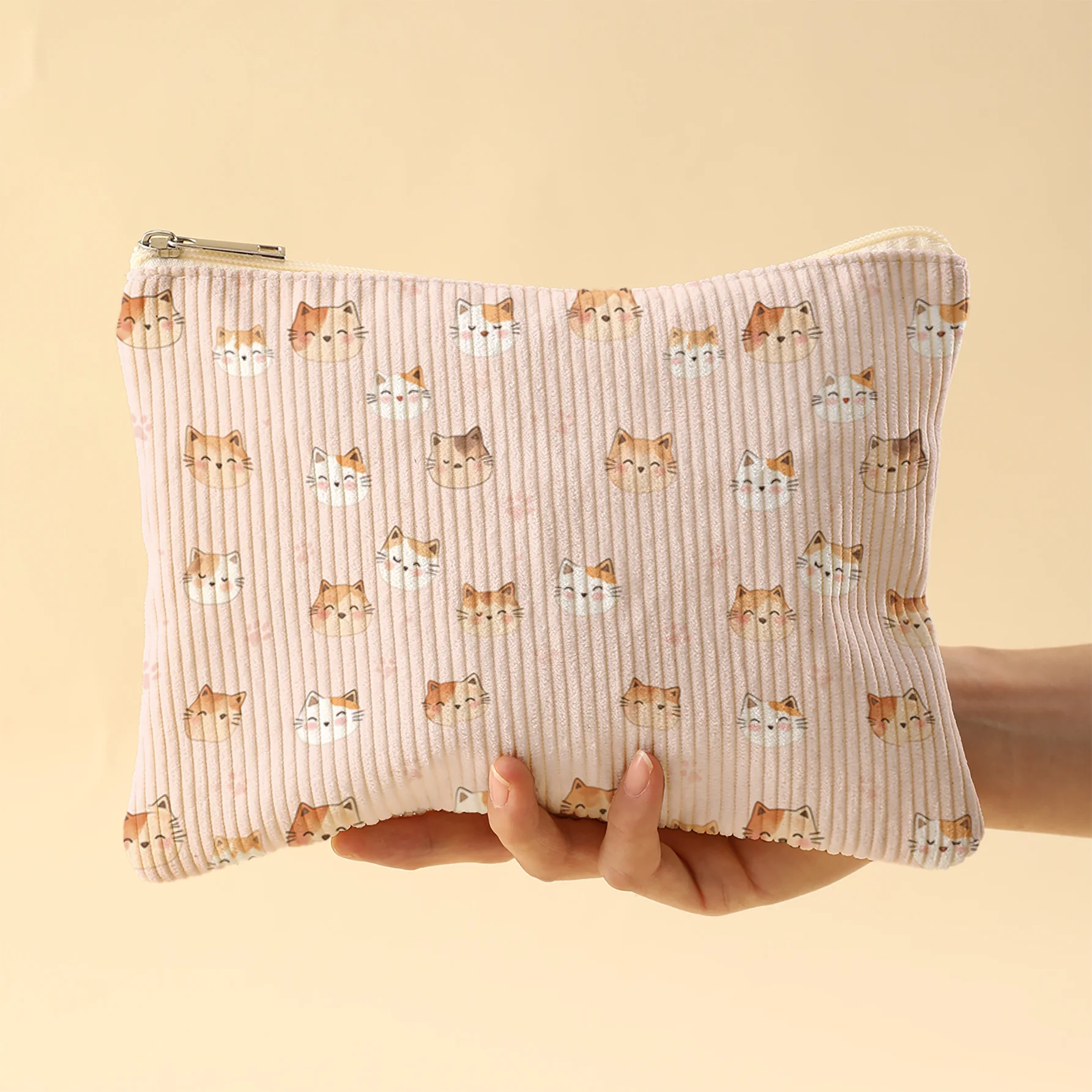 Makeup Bag Large Capacity Corduroy Texture, Cat Portrait 2D Print | Smooth Zipper | Fits Foundation/Eyeshadow Palette/Lipstick