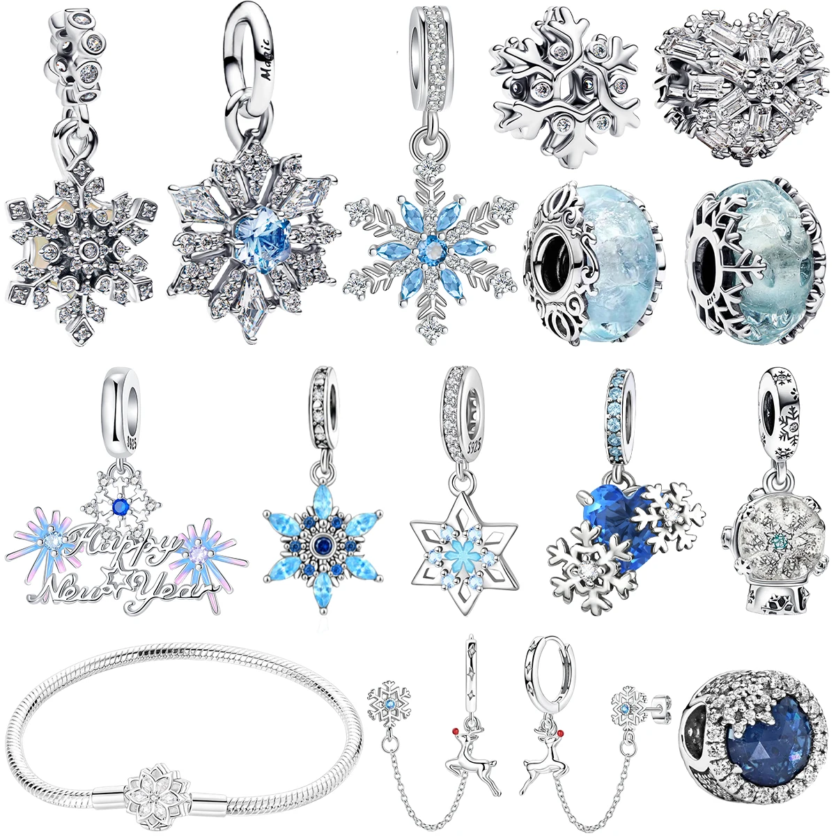 

Winter Snowflake Charms 925 Sterling Silver Ball Cat's Eye Beads Pendants Fit Original Bracelet Snowman Charms Christmas Jewelry