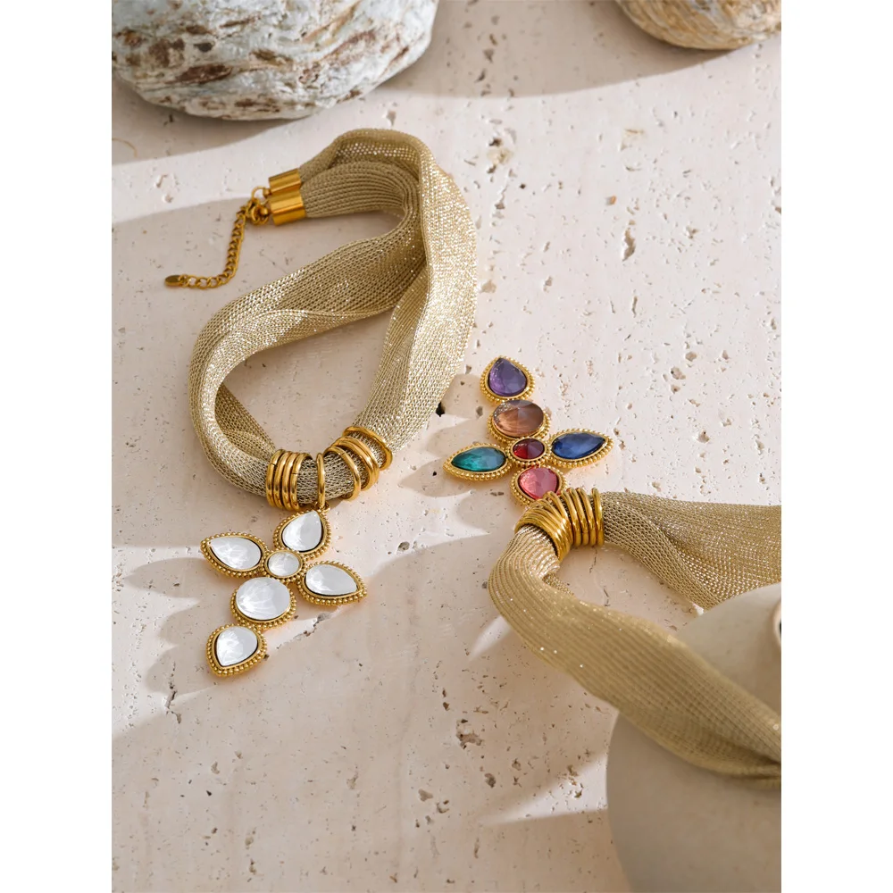 

White Colorful Shiny Glass Cross Pendant Necklace for Women Stainless Steel Polyester Chain clavicle chain Jewelry Gift