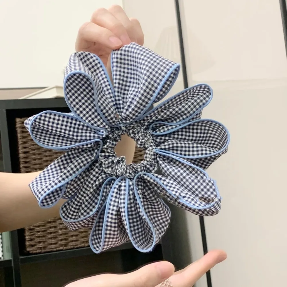 

Trendy Elastic Flower Hair Scrunchies Cloth Korean Style Blue Plaid Hair Ring Hair Rope Sweet Lattice Hair Tie Daily