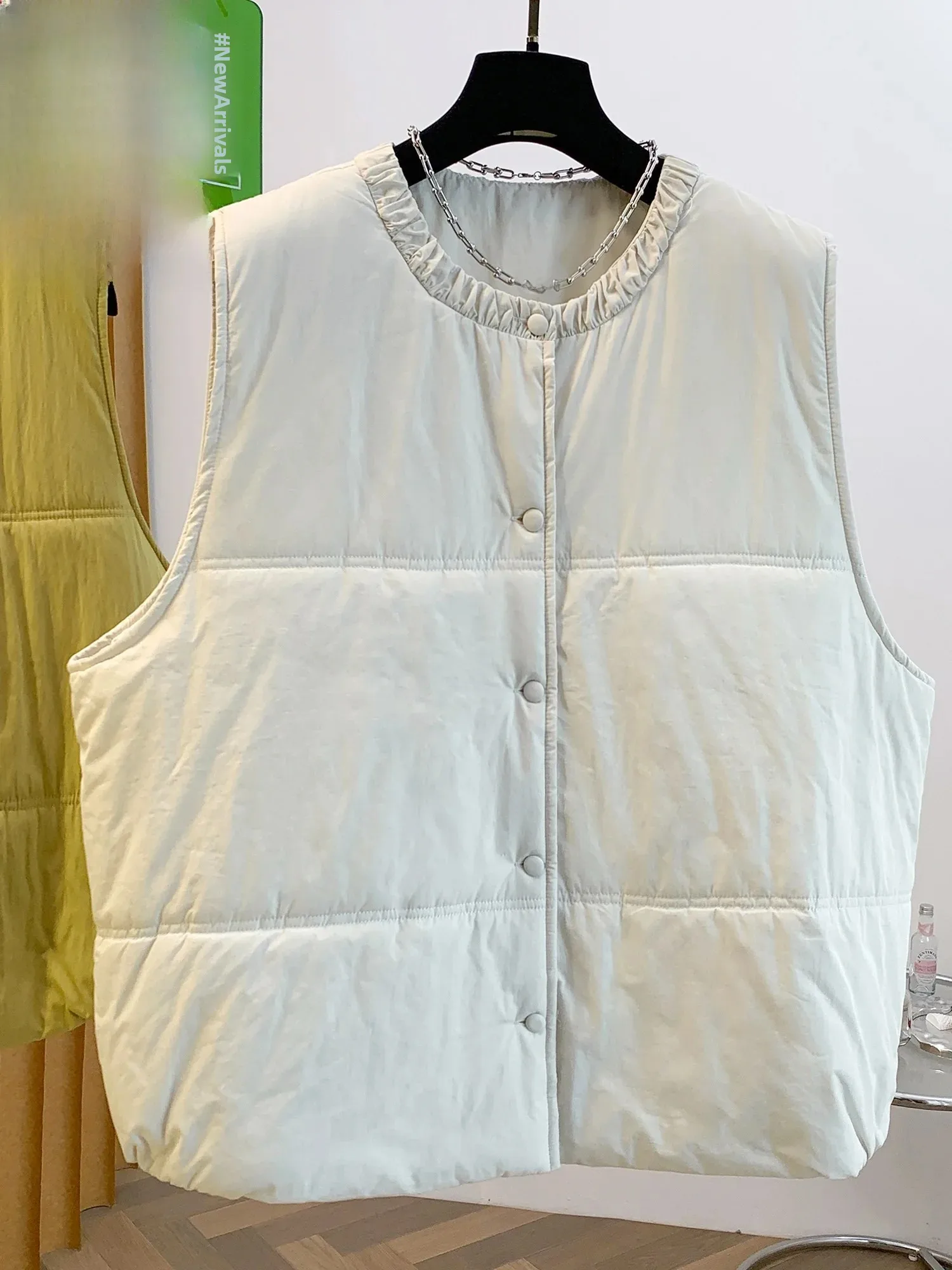 Authentic Thickened Cotton Vest Loose Fit Sleeveless round Neck Casual Style Women's Jacket Wood Grain  Design Single Button