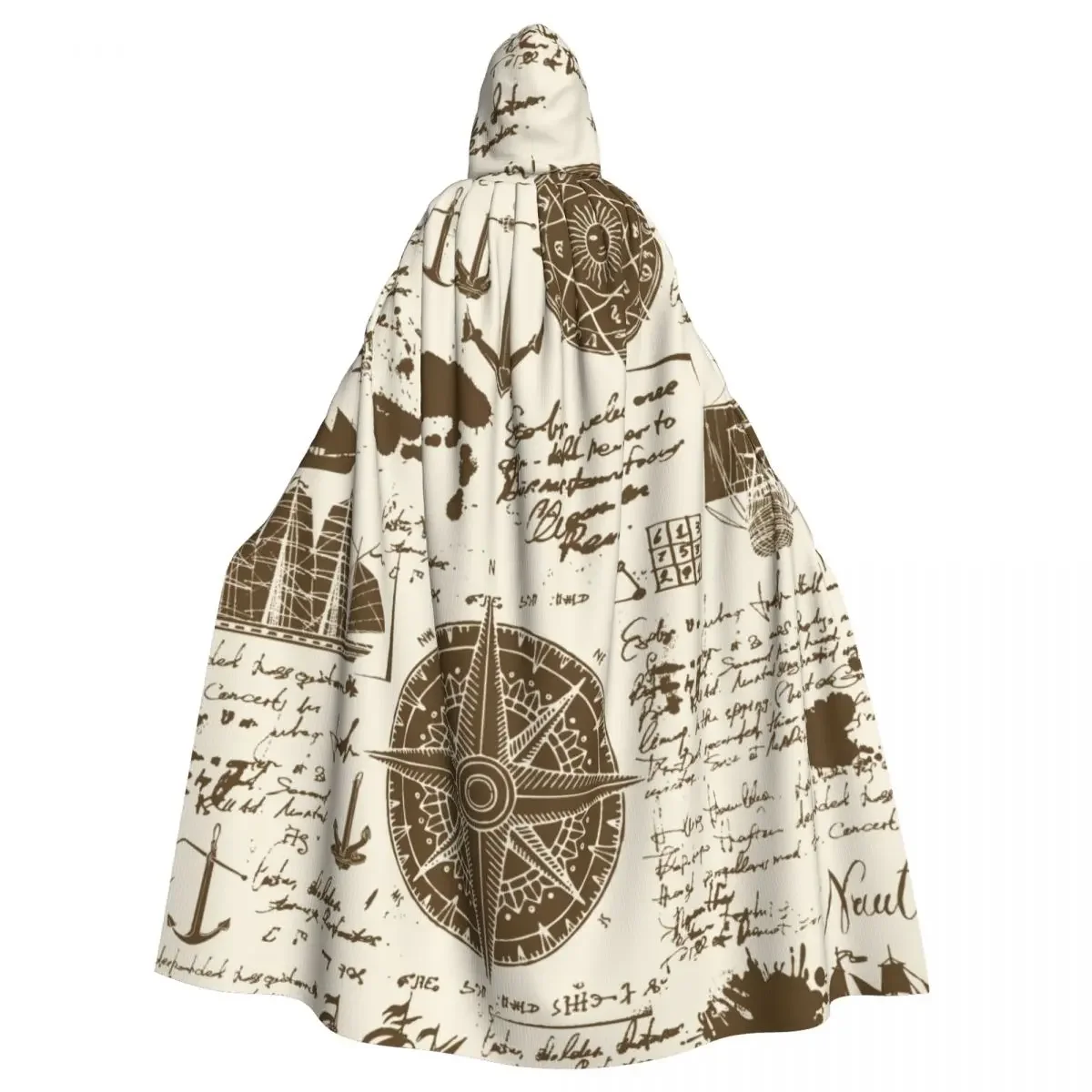 Adult  Cape Hooded Old Manuscript With Caravels Wind Rose Anchors Medieval Costume Witch Vampire Carnival Party