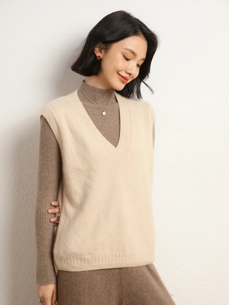 ANGEL delle nuove donne 100% cashmere con scollo a V gilet autunno inverno pullover senza maniche classico cashmere lavorato a maglia maglione spesso gilet
